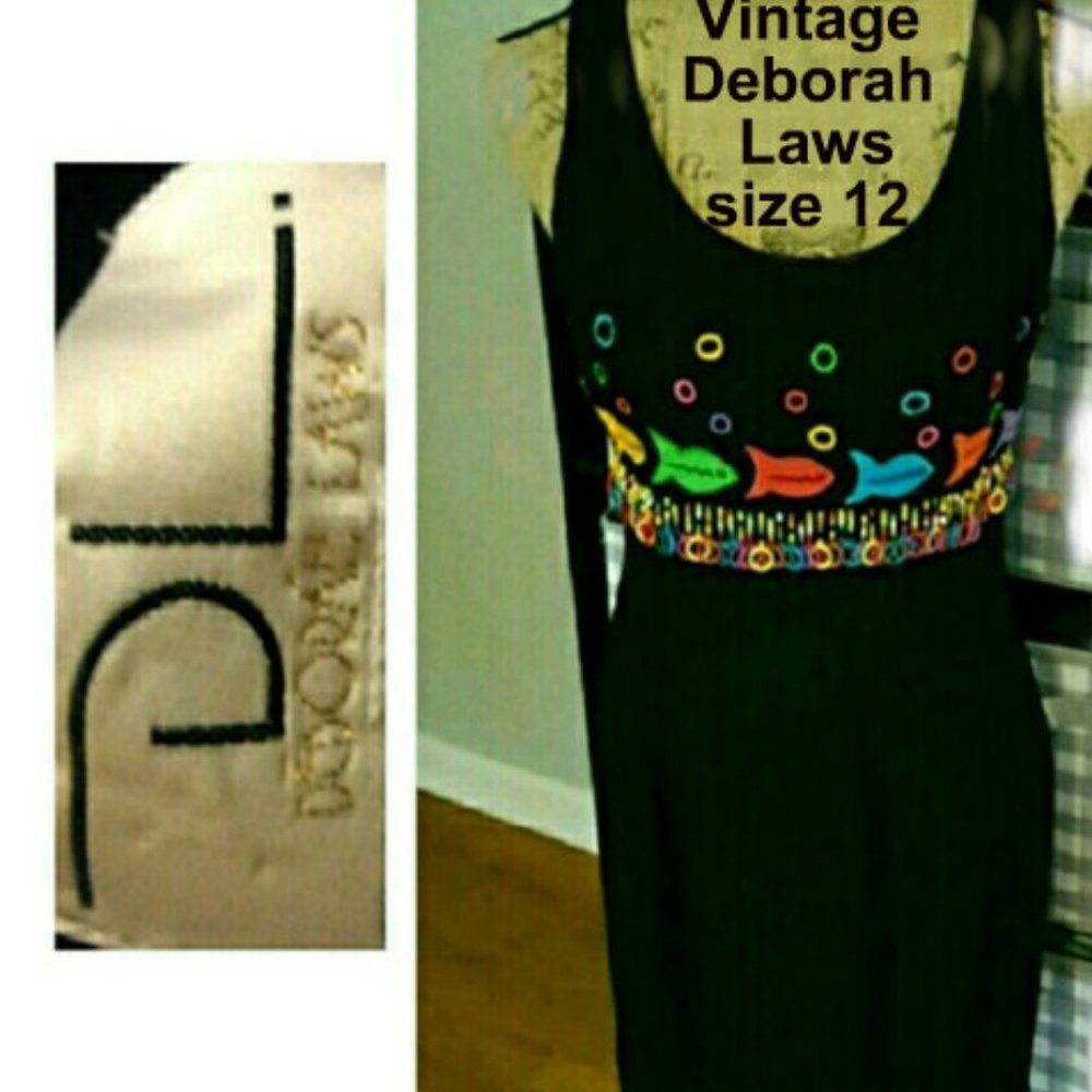 Deborah Laws black linen dress, multi colored fish